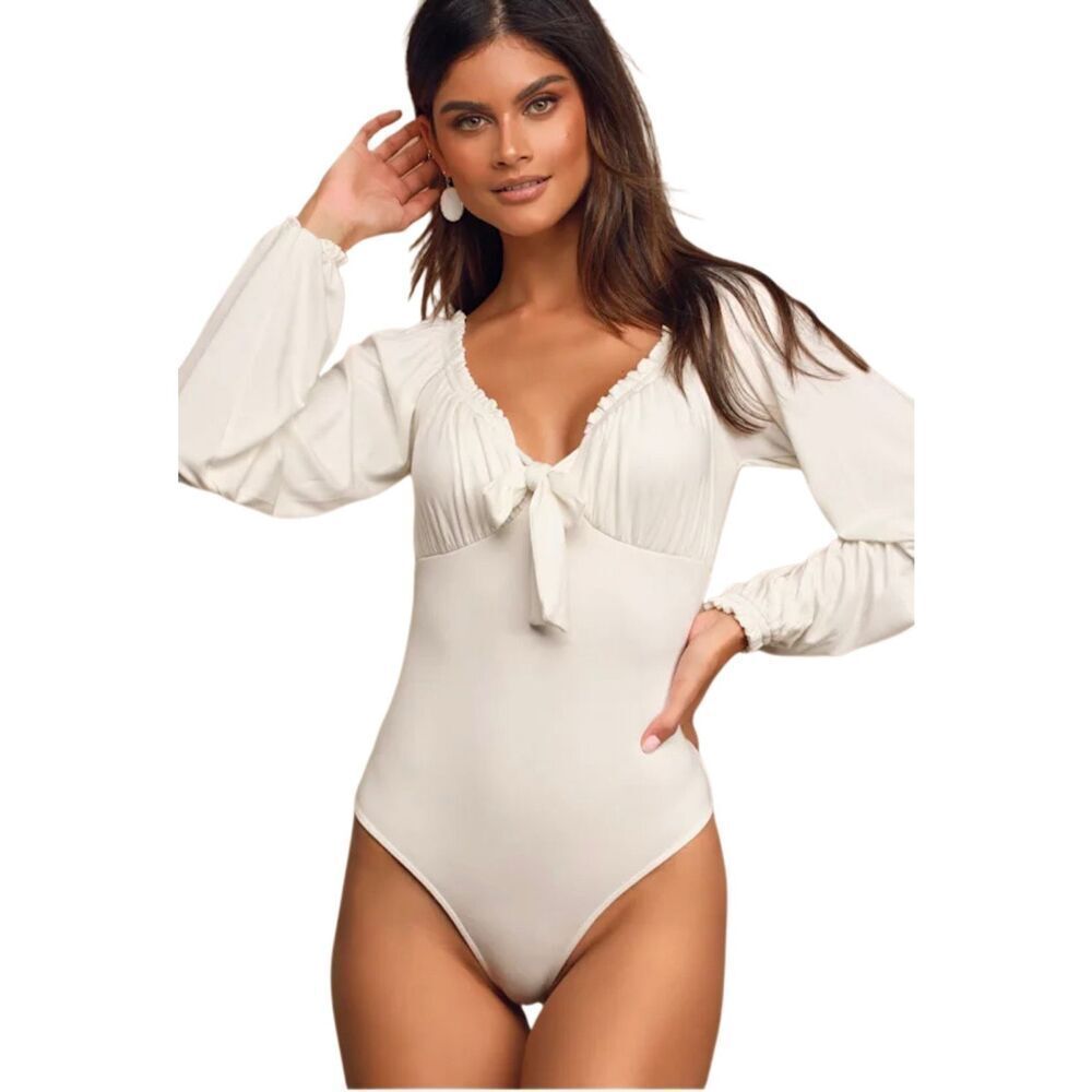 Lulus After Your Heart Ivory Long Sleeve Ruffled Bodysuit Sz S